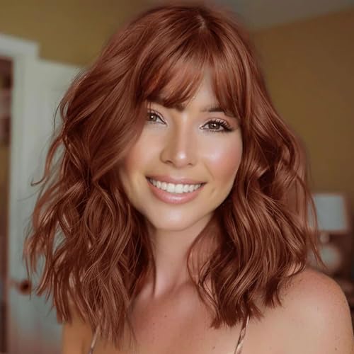 Image of AISI HAIR Synthetic Wavy Curly Bob Wig with Bangs Burnt Orange Short Wigs for Women Synthetic Heat Resistant Bob Wigs