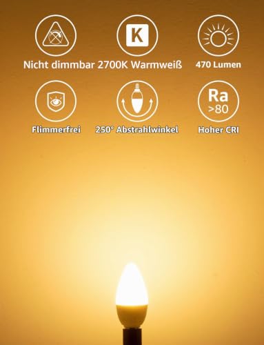 Lepro E14 LED Glühbirne Warmweiss 2700K, 4.2W 470 Lumen C35, 3 Stück – Ansicht 2