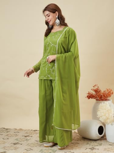 Image of MOKOSH Women's Georgette Short Kurti Palazzo with Dupatta | Short Kurti Set |Ethnic Kurta Set for Women | Sweetheart Neck Full Sleeve | Indian Kurta Outfit With Palazzo Pants