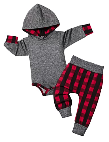 Image of Fommy Newborn Baby Boy Clothes Plaid Letter Print Long Sleeve Hoodies + Long Pants 2PCS Fall Winter Outfits Set