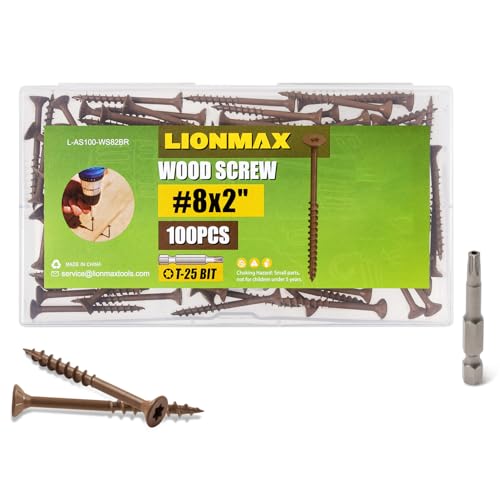 Image of LIONMAX Wood Screws 2 Inch, Deck Screws #8 x 2, 100 PCS, Rust Resistant, Epoxy Coated, Exterior Wood Screw, Outdoor Decking Screws, Torx /Star Drive Head, T25 Star Bit Included, Brown