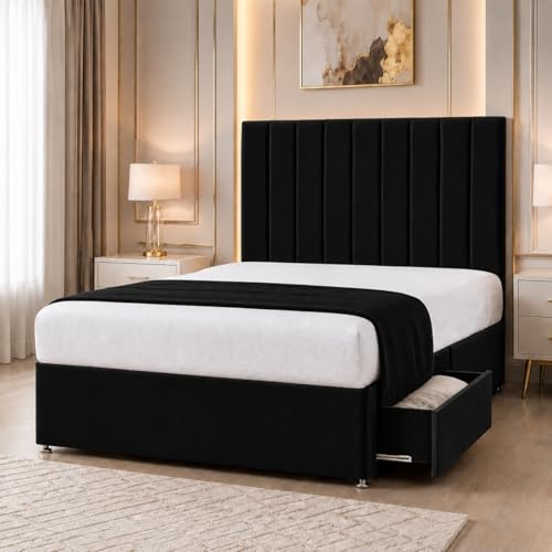 Image of Living Comfort Bedz Andover Divan Bed with 26" Headboard | Plush Velvet Upholstery | Orthopedic Mattress Included | Multiple Drawer Storage Options (Black, 3FT Single No Drawer)