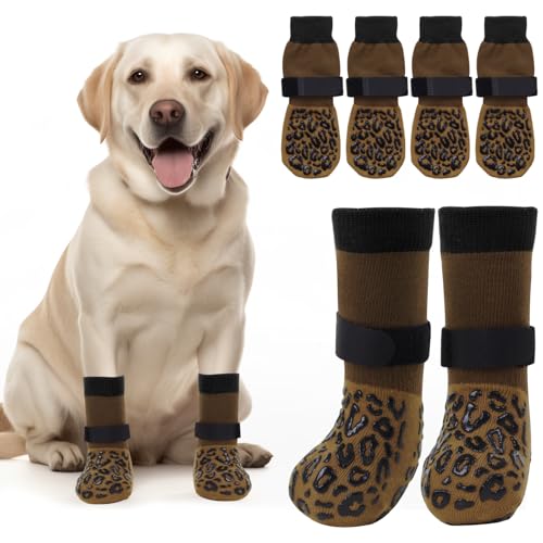 PICK FOR LIFE Hundesocken 2 Paar Anti-Rutsch Socken für Hunde Doppelseitige mit Verstellbaren Riemen für Innenbereich (Braun, L)