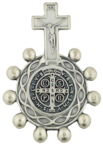 Image of VILLAGE GIFT IMPORTERS Saint Benedict Silver-Tone Saint Benedict Rosary Ring | Great for First Holy Communion and First Holy Confirmation | Religious Medallion for Jewelry and Home