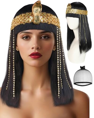 TIKJOYS Long Black Wig Egyptian Straight Bob Wigs Black Wig with Bangs