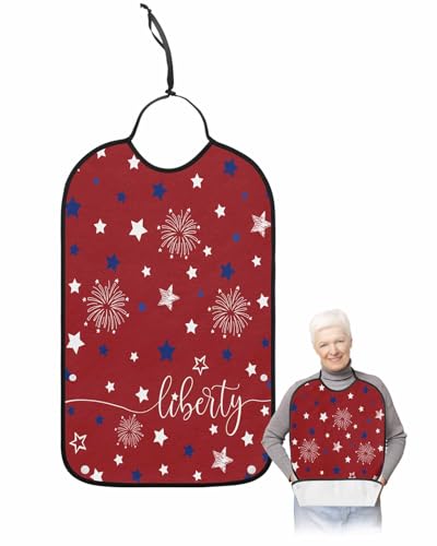 LEOKOTI 4th of July Adult Bibs for Eating, Waterproof Bibs with Food Catcher & Adjustable Snap Closure, Blue White Star Fireworks Independence Day Washable Clothing Protectors Adult Bibs for Elderly