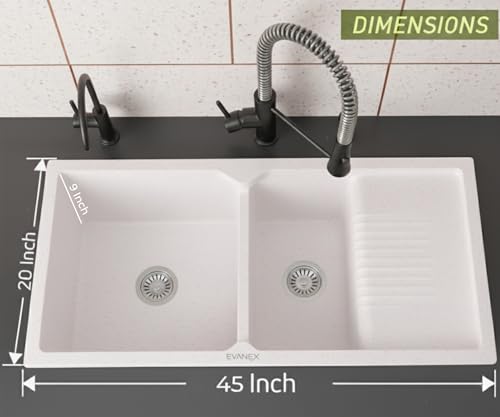 Image of EVANEX Quartz Sink for Kitchen | 45x20x9 inch Double Bowl Kitchen Sink with Drain Board | Matt Finish | Rosa Quartz Kitchen Sink with Sink Connector, Waste Pipe, Coupling and Drain Basket