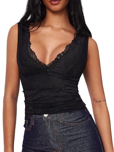 Image of CIDER Lace Crop Tank Tops for Women Going Out V Neck Sleeveless Ruched Tops Trendy Y2K Summer Outfits