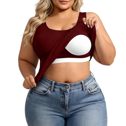 Tank Tops with Built in Bras for Women Plus Size Ribbed U-Neck Camisole