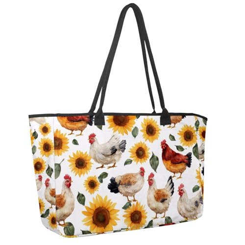 Large Beach Bag for Women, Sunflower Highland Cows Travel Tote with Pockets Waterproof Shoulder Handbag