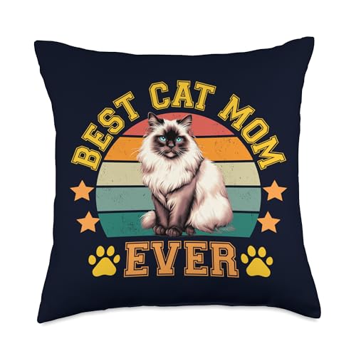 Birman Cat Lovers & Owners Funny Gifts & Tees Best Mom Ever Birman Retro Funny I Love My Cat Throw Pillow, 18x18, Multicolor