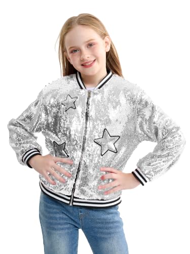 Image of LOLANTA Girls Sequin Jacket, Kids Long Sleeve Glitter Bomber Coats 4-15Y