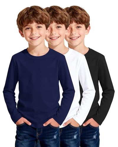 3 Pack Boys Long Sleeve Shirts Girls Cotton Crewneck T-Shirts Kids Basic Soft Long Sleeve Tees Top Black+White+Navy Blue 10-11 Years