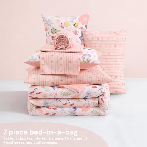 Image of BLOOMHAVEN Full Size Comforter Sets for Girls, 7 Pieces Pink Bedding Set with Pastel Flower, All Seasons Kids Bed in a Bag with Sheets, Pillowcases & Shams