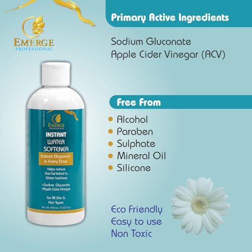 Image of Emerge Professional Instant Water Softener | Hard Water Solution for Hair Fall & Skin Dryness | Enriched with Sodium Gluconate & Apple Cider Vinegar | For All Hair & Skin Types | 400 ml