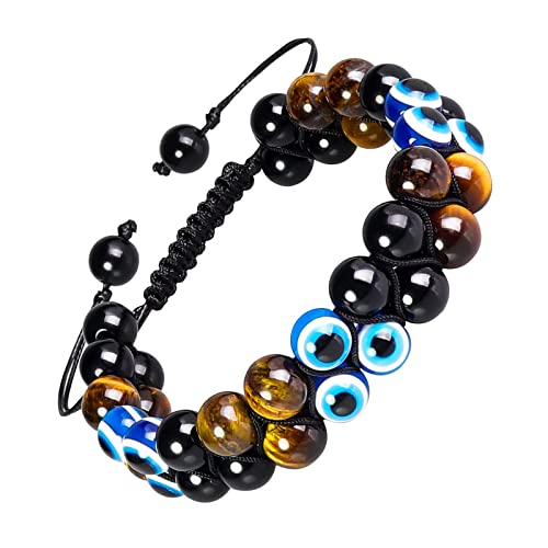 Triple Protection Bracelet,Chakra Bracelets for Men Women,Evil Eye Tigers Eye Black Obsidian and Hematite Paracord Bracelet,Mens Jewelry Stone Bracelets Bring Good Luck and Wealth