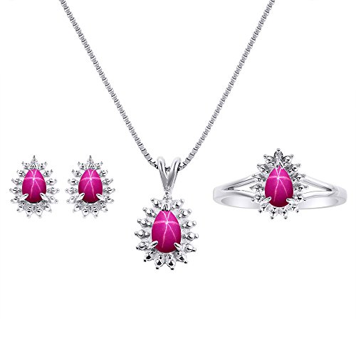 RYLOS Matching Jewelry For Women 14K White Gold Diamond & Star Ruby Matching Earrings, Pendant Necklace and Ring Set - with 18" Chain 6X4MM Jewelry For Women Womens Jewelry Gold Jewelry