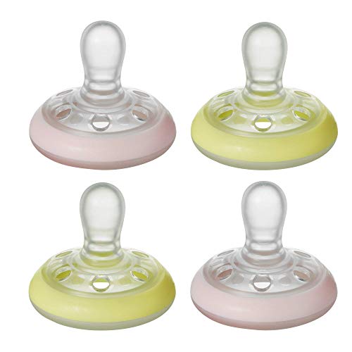 Tommee Tippee Breast-Like Night Pacifier, Glow in The Dark | Silicone, Orthodontic (0-6 Months, Pink/Yellow, 4 Count)