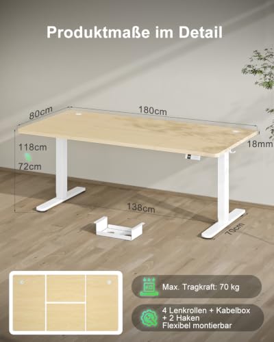 Devoko Höhenverstellbarer Schreibtisch 180x80cm mit Typ-C Ladeanschluss, Schreibtisch Höhenverstellbar Elektrisch… – Ansicht 5