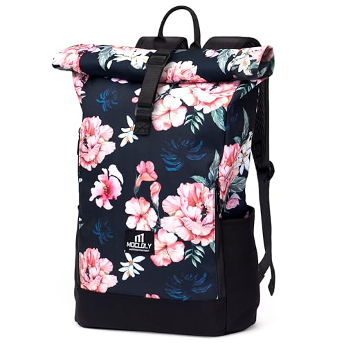 MOCLOLY Rolltop Rucksack Damen & Herren - Wasserdicht - Mit Laptopfach Klein Travel Backpack, Elegant Reiserucksack f&uuml;r Uni Business Arbeit City Reise, Blumen