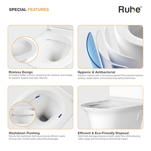 Image of Ruhe Blanco Wall-Hung Rimless Western Commode with Soft Close Seat Cover, Washdown Flushing System, P-Trap, White Glaze Ceramic, 22 x 14 x 14 Inches