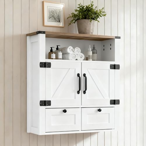 Image of M METERXITY 23.6 inch W Farmhouse Bathroom Wall Cabinet with Mirror, Wall Mount | Over the Toilet Storage, Wooden Medicine Cabinet with Barn Doors, Space Saver, Kitchen, Laundry, Entrance,White Walnut