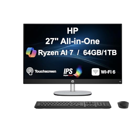 Image of HP 27 AI PC All-in-One 27 inch Touchscreen IPS FHD Display | (AMD Ryzen AI 7 350, 64GB DDR5, 1TB PCIe SSD, AMD Radeon, WiFi 6, Webcam, Bluetooth 5.4, Win 11 Pro)