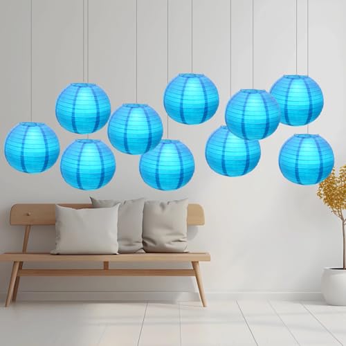 Image of Blue Chinese Paper Lanterns with LED Lights, 10-Pack 10inch | Hanging Lights for Baby Boy Shower, Beach Party, Birthday Decorations, Ceiling Decor & Home Party
