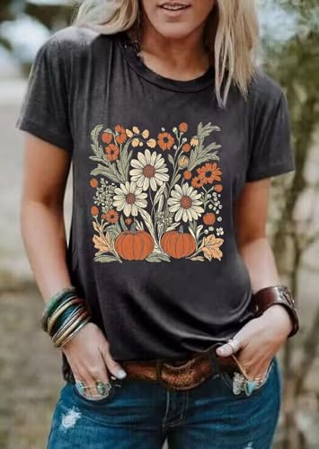 Floral Pumpkin Graphic T Shirt Women Retro Boho Floral Fall Pumpkin Short Sleeve Casual Funny Halloween Party Shirts2