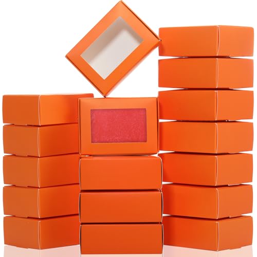 Zonon 30 Pcs Soap Boxes for Homemade Packaging, Mini Kraft Boxes with Window for Bakery Candy Soap Making Gift Packaging, 3.7x2.6x1.4 Inch (Orange)