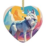 WZYWHJ Colgante de corazón de cerámica de Navidad para decoración de festivales y regalo de recuerdo de National Geographic Wolf Prints
