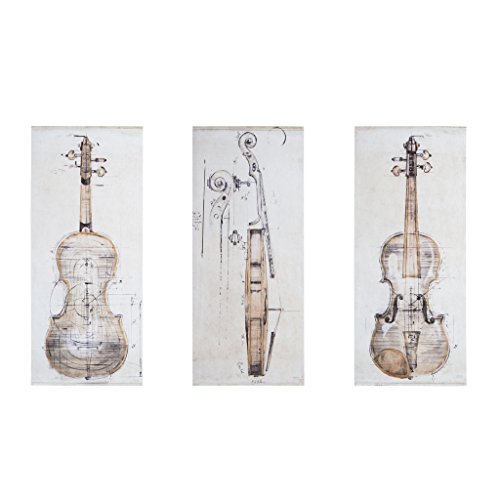 Madison Park Canvas with Hand Embellishment 3 Piece Set Home Décor Violin Study Printed Wal Art, Offwhite