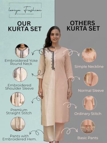 Image of Leriya Fashion Women's Cotton Kurta Pant Set | Cotton Kurta Sets for Woman | Round Neck 3 /4 Sleeve Regular Fit Straight Kurti | Office Wear Kurti Set for Women Casual