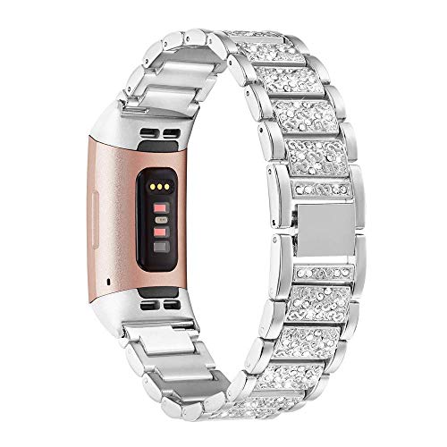 YOOSIDE Bransoletka do zegarka na rękę Fitbit Charge 4/Charge 3, stal nierdzewna, metal, bransoletka zapasowa, kryształowa, akcesoria do Fitbit Charge 3/Charge 4, srebrna