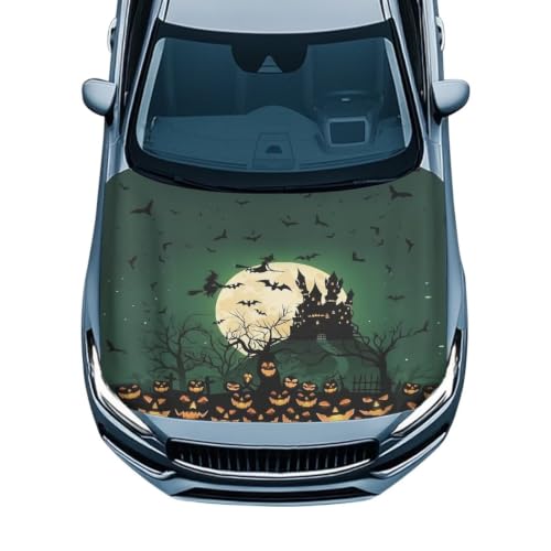 Image of Green Spooky Witch Castle Print Car Hood Cover Protector 59x39 Inch Stretchable Auto Hood Wraps Waterproof Halloween Automotive Exterior Accessories for Most SUV Sedans Trucks