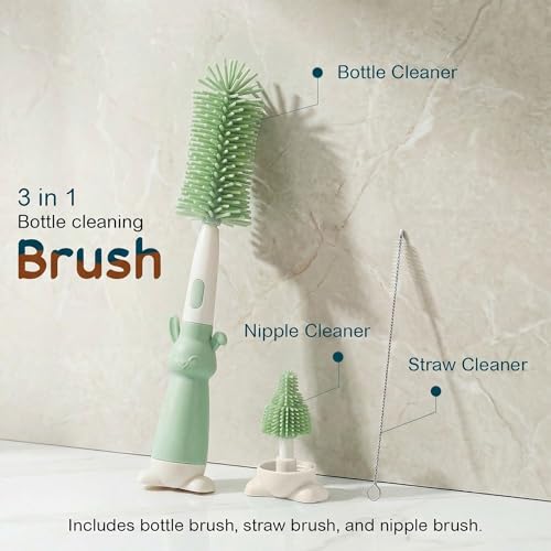 Image of TONY STARK Baby 3-in-1 Silicone Bottle Cleaning Brush Set | 360 Rotatable Handle, BPA-Free Soft Bristles for Cleaning Bottles, Nipples & Pacifiers Safely (Green)