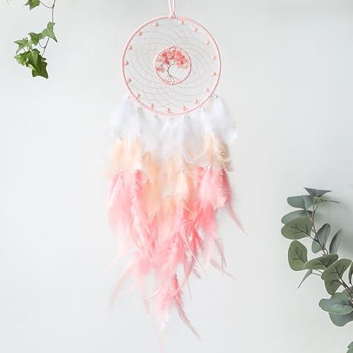 Zilams Attrape Reve Deco Chambre Ado Fille, Capteur de Rêves en Plumes Deco Murale Chambre, Dream Catcher Anniversaire Cadeau Romantique pour Bébé Ado Fille Jeune Femme Rose Clair