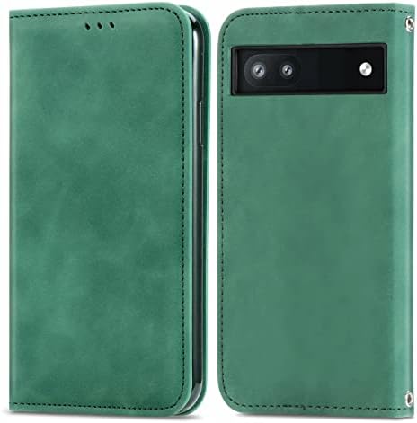 For Google Pixel 6A Case Leather Wallet Book Flip Folio Stand View Full Protection Cover with Stand Card Slots Magnetic Closure Compatible with Google Pixel 6A Phone Cases Shockproof, Green