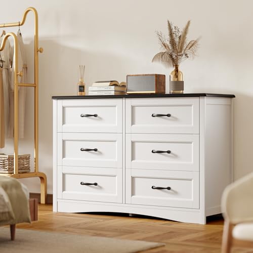 Gizoon 47" 6 Drawer Dresser, White & Black Chest of Drawers Bedroom