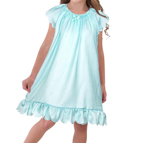 JESKIDS Girls Satin Nightgowns Silk Nightdress Pajama Clothes Mint Green Checkered 4-5T