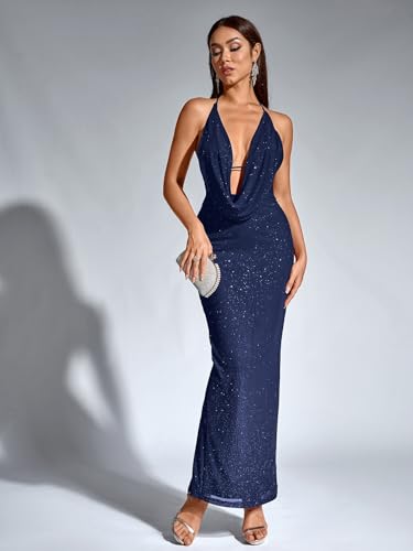 Image of KUTUMAI Women V Neck Long Formal Dress Floral Bodycon Maxi Split Back Dresses Sexy Sequin Evening Cocktail Party Gown