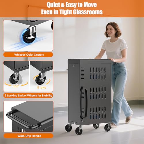 Image of Fully Assembled 18 Bay Laptop Charging Cart on Wheels, Heavy Duty Laptop Storage Cart for iPad Chromebook Tablet Up to 14-inch Screen with Key Lock, Charger & Cable Organization, Black