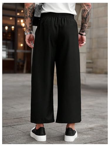 OYOANGLE Men's Solid Loose Fit Casual Pants Drawstring Elastic Waist Lightweight Pleated Trousers2