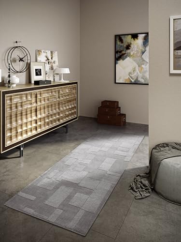 Villeroy & Boch Wollteppich Wilhelmine - Natur Wohnzimmerteppich - Handgewebt & Umweltfreundlich - Boho Teppich Wolle für Wohnzimmer, Schlafzimmer, Esszimmer, Flur, Küche – Grau, 80x250 cm