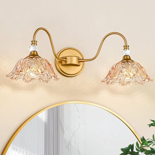 Image of Vintage Bathroom Vanity Light, 2-Light Matte Brass Finish Vanity Light with Floral Amber Glass Shades, Retro Wall Sconce for Bathroom, Dressing Table