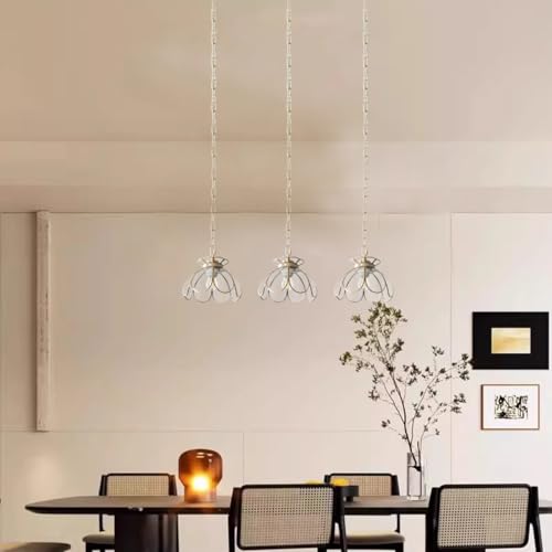 Image of Brass Glass Ceiling Pendant Light, Hanging Chain lamp, with Vintage Lotus Flower Clear Glass Shade for Kitchen Island Dining Room Bedroom Living Room-7.9 inch Shade