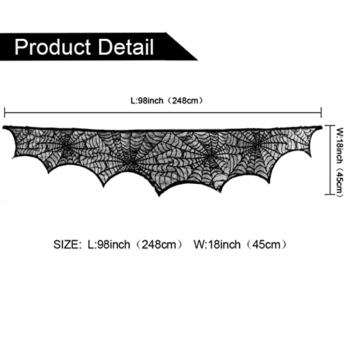 Halloween Fireplace Mantle Decorations, Black Lace Spiderweb Fireplace Mantel Scarf Cover Garland for Festive Party Supplies Decor 18 x 98 inch (Black)2