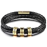 MunkiMix Personalisiertes Herren Echtes Lederarmband mit 2-6 Perlen Edelstahl Gravierte ID Geflochtene Armbänder Magnetverschluss für Paare Männer Freund Familie Geschenke