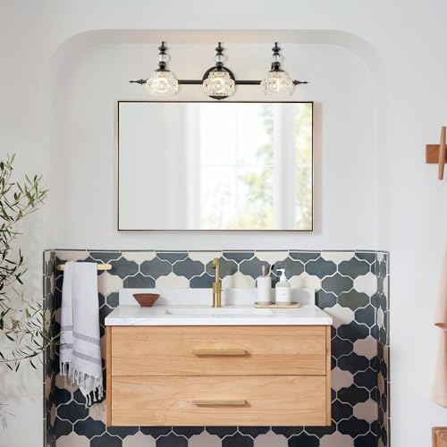 Image of Bathroom Vanity Light Fixtures, Farmhouse Vintage Wall Sconce Lighting with Glass Shade, Bath Vintage Wall Mounted Lamps for Mirror (3 Lights,Matte Black,G9 Base)