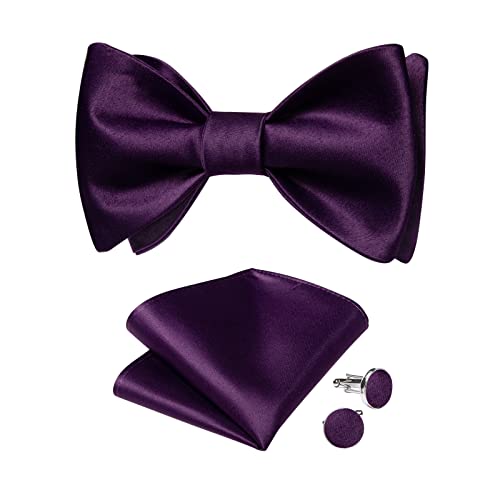 DiBanGu Mens Dark Purple Solid Color Bowtie Woven Satin Self Bow Ties and Pocket Square Cufflinks Set for Men Tuxedo Wedding Party